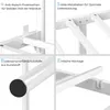 A collage of four close-up images highlighting different features of a white metal bed frame. Podgląd zdjęcia produktu