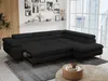 A black sectional sofa is shown in a living room setting with a large window in the background. Produktbild-Vorschau