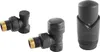 Three black radiator valves with gold fittings are displayed against a white background. Anteprima dell’immagine prodotto