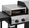 A close-up view of a grill with a pizza stone inside a pizza oven attachment. Produktbild-Vorschau