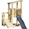A wooden playground tower with a slide and ramp, photographed against a white background. Produktbild-Vorschau