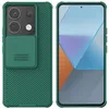 A green phone case with a sliding camera cover is shown from the back and front. Produktbild-Vorschau