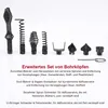 A collection of drain cleaning attachments displayed on a white background with German text describing their uses. Produktbild-Vorschau
