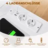 A close-up view of a white power strip with multiple outlets and USB ports, along with a smartphone charging on it. The image also includes icons and text describing the product's features. Produktbild-Vorschau
