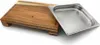 A wooden cutting board with a stainless steel tray next to it, on a white background. Produktbild-Vorschau
