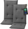 Two dark gray chair cushions are shown against a white background. One cushion has a tag attached. Náhled obrázku produktu