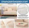 Beiger gesteppter Sofabezug auf einem Holzsofa, mit Nahaufnahmen seiner Textur, rutschfester Rückseite und einem gefalteten Abschnitt mit einer rosa Rose Náhľad obrázku produktu
