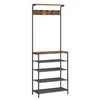 A tall, narrow hall tree with a shelf at the top, a rack of coat hooks below it, a wider shelf, and five tiers of shoe shelves below that, all with a dark metal frame and distressed wood-look shelves. Náhled obrázku produktu