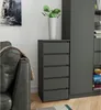 A gray chest of drawers with five drawers is shown next to a tall gray cabinet. A white vase with a green plant sits on top of the chest. A portion of a gray sofa is visible on the left. Produktbild-Vorschau