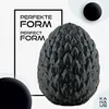 A black, dragon egg-shaped object with a textured surface is displayed against a white and light gray background. Text and abstract shapes are also present. Produktbild-Vorschau