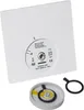 The back of a white Möhlenhoff Alpha Regler analog thermostat is shown, with its technical specifications and certifications printed on a circular label. A disassembled component of the thermostat is placed in the foreground. Produktbild-Vorschau