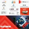 A collage of marketing images and feature callouts for a Telefunken TV, with a lifestyle shot of someone using the TV at the bottom. Produktbild-Vorschau