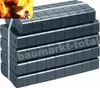 A stack of dark briquettes, possibly for burning, with a small inset image of a fire and a logo. Produktbild-Vorschau