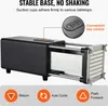 A black electric french fry cutter with stainless steel blades and control buttons, presented with feature callouts. Produktbild-Vorschau