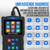 A diagnostic tool with a screen displaying various functions and icons, surrounded by marketing text and feature icons. Produktbild-Vorschau