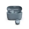 A pair of blue wireless earbuds with their charging case, with one earbud placed outside the case. Anteprima dell’immagine prodotto