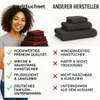 Comparison image showing two sets of towels, one labeled 'Melttuchset' and the other 'ANDERER HERSTELLER', with feature comparisons using checkmarks and crosses. Produktbild-Vorschau