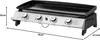 A silver and black gas griddle with four burners, shown from a side-angle with dimensions indicated. Náhled obrázku produktu
