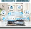 A stack of vacuum-sealed bags filled with clothing, with icons and text indicating protection from insects, dust, water, and odors. Produktbild-Vorschau