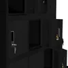A black metal locker with several compartments, some open and some closed, with keys in the locks. Produktbild-Vorschau