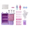 A collection of toy accessories for a dollhouse cafe, including a refrigerator, counter, drinks, and other small items. Podgląd zdjęcia produktu