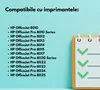 A list of compatible HP printers with checkmarks on a notepad. Produktbild-Vorschau