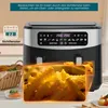 A close-up of a dual air fryer with a view of french fries inside, with text overlays and icons. Produktbild-Vorschau