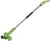 A green and silver battery-powered grass trimmer is shown against a white background. Produktbild-Vorschau
