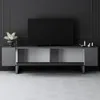 A modern TV stand with a TV and decorative items against a dark gray wall. Voir les images du produit