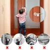 A child is trying to open a door with a child safety lock. Four smaller circular images below show different scenarios with children in potential danger, all marked with a red 'X'. Produktbild-Vorschau