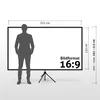 A silhouette of a person stands next to a projection screen with dimensions and aspect ratio indicated. Produktbild-Vorschau