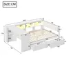 A diagram of a white bed frame with dimensions and features labeled. Produktbild-Vorschau