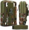 A tactical phone pouch with a digital camouflage pattern is shown from two angles, with a separate shoulder strap in the foreground.