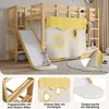 A collage of images showcasing a wooden bunk bed with a slide, curtains, and other features, along with close-up details. Produktbild-Vorschau