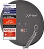 A satellite dish with various labels and certifications on its surface. Produktbild-Vorschau