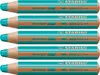 A stack of five turquoise colored pencils with wood grain details. Produktbild-Vorschau