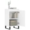 A white cabinet with its door open, showing shelves with books and boxes. The cabinet has black legs. Náhled obrázku produktu
