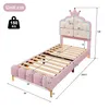 A pink twin bed with a crown-shaped headboard and LED lighting, shown with dimensions indicated. Anteprima dell’immagine prodotto