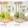 Two side-by-side images comparing the color rendering of a drink under different CRI lighting conditions. Anteprima dell’immagine prodotto