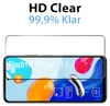 A screen protector is shown placed over a smartphone screen displaying marketing graphics. Produktbild-Vorschau