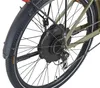 Close-up of the rear wheel of an electric bicycle, showing the motor, gears, and fender. Produktbild-Vorschau