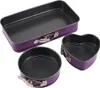 Three purple springform cake pans of different shapes (rectangular, round, and heart-shaped) are arranged on a white background. Produktbild-Vorschau
