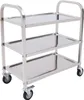 A stainless steel kitchen trolley with three shelves and wheels, shown against a white background. Voir les images du produit