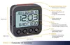 A digital alarm clock with feature callouts and dimensions. Anteprima dell’immagine prodotto