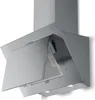 A stainless steel range hood with its front panel open, revealing the filter and lights. Produktbild-Vorschau