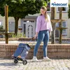 A woman is pulling a shopping trolley down a cobblestone path in front of a building with a fountain. Podgląd zdjęcia produktu