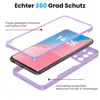 An exploded view of a phone case, showing its three parts: a transparent front cover with screen protection, a phone with a screen displaying the time, and a transparent back cover. Produktbild-Vorschau