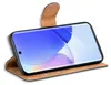 A brown flip case for a smartphone is shown open, with the smartphone inside. Produktbild-Vorschau