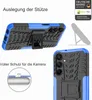 A collage of images showcasing a blue and black phone case with a kickstand, highlighting its features and protection. Produktbild-Vorschau