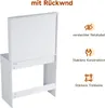 A white vanity or dresser with a mirror, shown from the back and side, with feature callouts on the right. Voir les images du produit